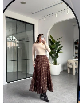 ACI KAHVE EKOSE DESEN ŞİFON ETEK