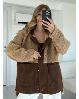 Acı Kahve Jean Detay Kapüşonlu Oversize Peluş Ceket