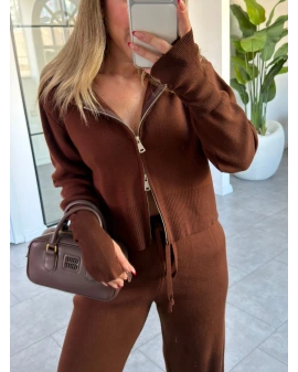 ACI KAHVE KAPÜŞONLU PARMAK GEÇİRMELİ TRİKO TAKIM