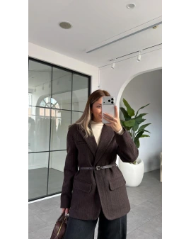 ACI KAHVE KEMERLİ BLAZER KAŞE CEKET