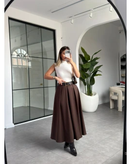 ACI KAHVE PİLİSELİ KEMERLİ ETEK