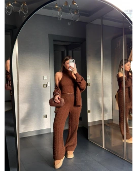 ACI KAHVE ÜÇLÜ SAÇ ÖRGÜ DESEN TRİKO TAKIM