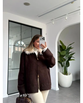 ACI KAHVE YAKASI KÜRK DETAYLI HIRKA