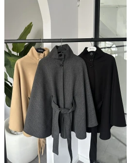 ANTRASİT DİK YAKA KUŞAKLI PANÇO