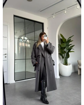 Antrasit Düğmeli Manşet Detay Kuşaklı Trençkot