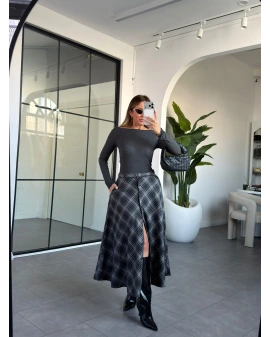 ANTRASİT KEMERLİ ÖNÜ DÜĞMELİ EKOSE ETEK