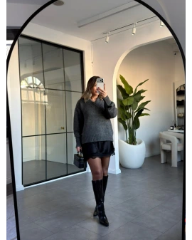 ANTRASİT SATEN ELBİSE DETAYLI KAZAK TAKIM