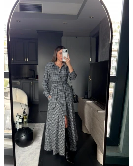 ANTRASİT SİYAH KEMER DETAY EKOSE ELBİSE