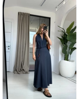 LACİVERT DEKOLTE DETAY ELBİSE