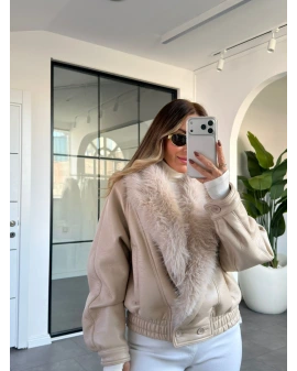 BEJ KRUVAZE YAKA KÜRKLÜ DERİ MONT