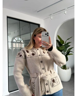 BEJ NAKIŞLI PREMİUM KEMERLİ HIRKA