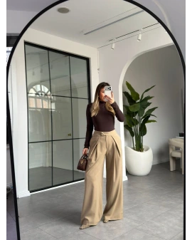 BEJ PENSLİ DÖKÜMLÜ PALAZZO PANTOLON