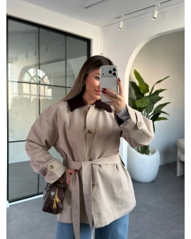 BEJ YAKASI KADİFE KUŞAKLI MONT