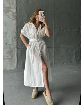 Beyaz Kemerli Kısa Kol Poplin Elbise