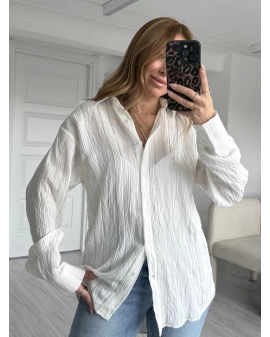 Beyaz Kendinden Desenli Oversize Gömlek