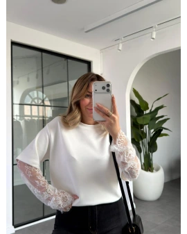 BEYAZ KOLLARI DANTEL DETAYLI T-SHIRT 1049