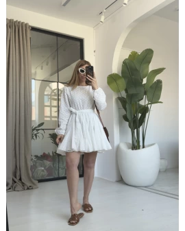 BEYAZ KUŞAKLI FİSTO ELBİSE