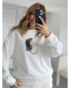 Beyaz Leopar Figürlü Sweatshirt