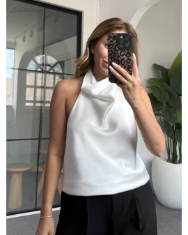 BEYAZ SATEN HALTER YAKA SIRTI AÇIK BLUZ