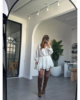 BEYAZ ŞİFON ASİMETRİK ETEK UÇLU ELBİSE