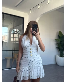BEYAZ ŞİFON GOLD DETAYLI DRAPE MİNİ ELBİSE
