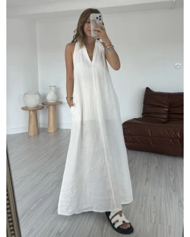 Beyaz Yaka Detay Keten Elbise
