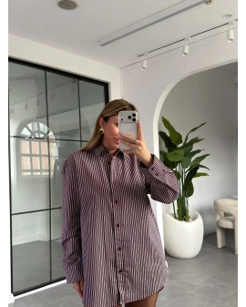BORDO BEYAZ ÇİZGİLİ OVERSİZE GÖMLEK