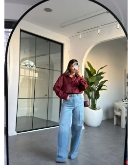 BORDO GOLD DÜĞME DETAY SATEN GÖMLEK