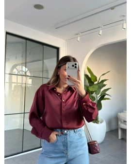 BORDO GOLD DÜĞME DETAY SATEN GÖMLEK