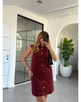 BORDO GOLD DÜĞME DETAYLI TRİKO ETEK BLUZ TAKIM