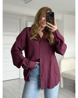 Bordo Kendinden Desenli Oversize Gömlek