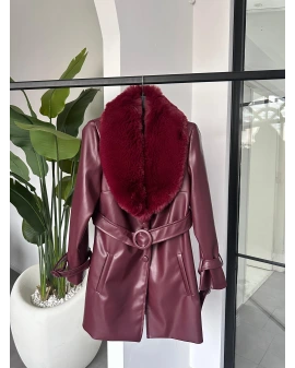 BORDO KÜRK YAKA MİDİ BOY DERİ CEKET