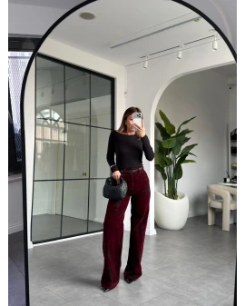 BORDO SİYAH WİDE LEG KADİFE PANTOLON
