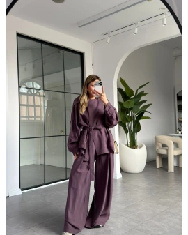 BORDO TENSEL KEMERLİ CEKET PANTOLON TAKIM