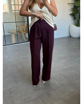 Bordo Yüksek Bel Dökümlü Pantolon