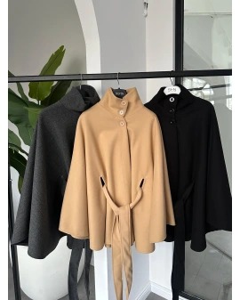CAMEL DİK YAKA KUŞAKLI PANÇO