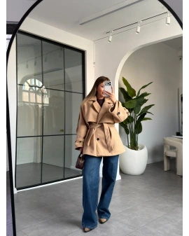 CAMEL DÜĞMELİ MANŞET DETAY KUŞAKLI KAŞE KABAN