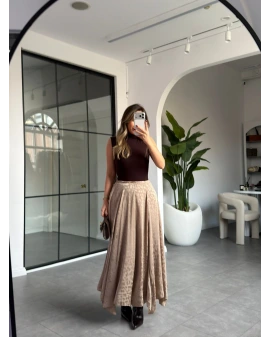 CAMEL LEOPAR DESEN ASİMETRİK SATEN ETEK