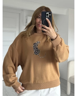 Camel Leopar Figürlü Sweatshirt