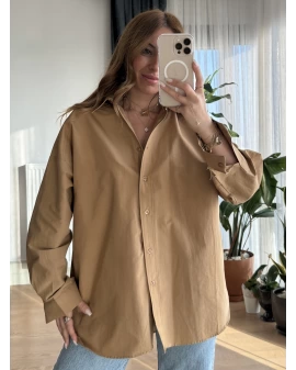 Camel Poplin Kumaş Basic Oversize Gömlek