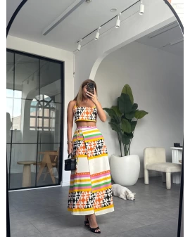ÇOK RENKLİ ETNİK DESEN CROP ETEK TAKIM