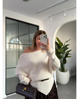 EKRU ASİMETRİK KAYIK YAKA TRİKO