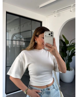 EKRU BELDEN FERMUAR DETAYLI T-SHIRT 1003