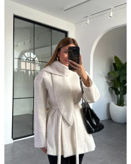 EKRU BELDEN OTURMALI ŞAL YAKA KAŞE CEKET