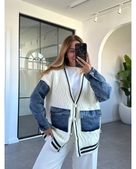 EKRU DENİM GARNİLİ CEPLİ HIRKA