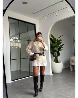 EKRU GÖMLEK DETAY TRİKO ELBİSE