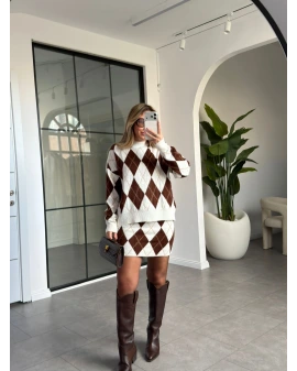 EKRU KAHVE BAKLAVA DESEN MİNİ ETEK TAKIM