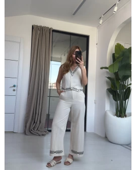 EKRU NAKIŞ DETAY YELEKLİ TAKIM