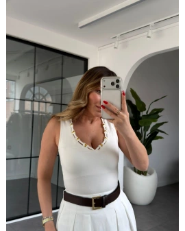 EKRU V YAKA GOLD BONCUK DETAYLI BLUZ 261023