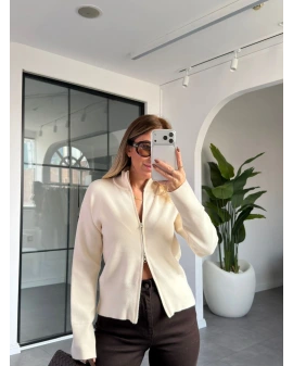 EKRU YUMUŞACIK DOKULU ÇİFT FERMUARLI HIRKA